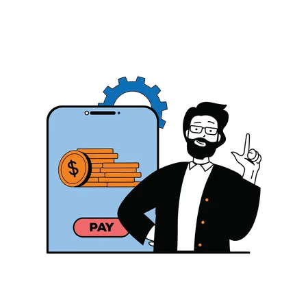 Homem barbudo mostrando o processo de pagamento on-line  Ilustração