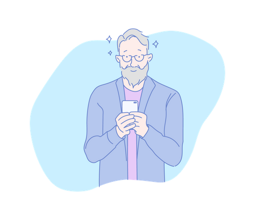 Homem barbudo segurando celular  Ilustração