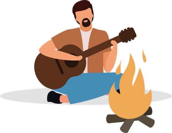 Homem barbudo tocando violão na fogueira  Ilustração