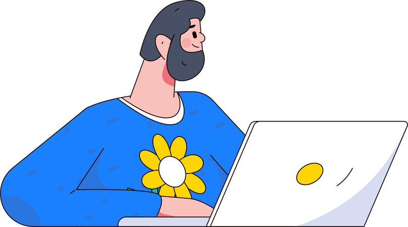 Homem de barba trabalhando no laptop no escritório  Ilustração
