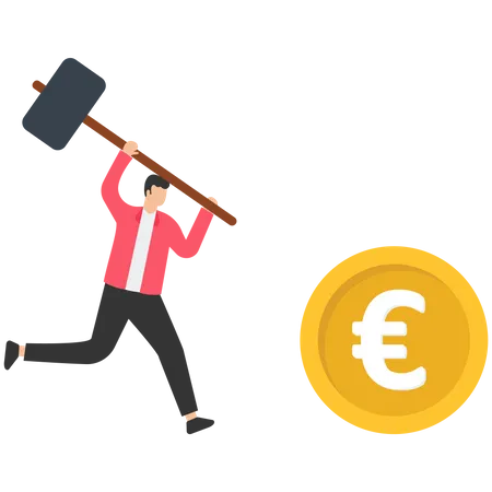 Homem bate no Euro com um martelo  Ilustração