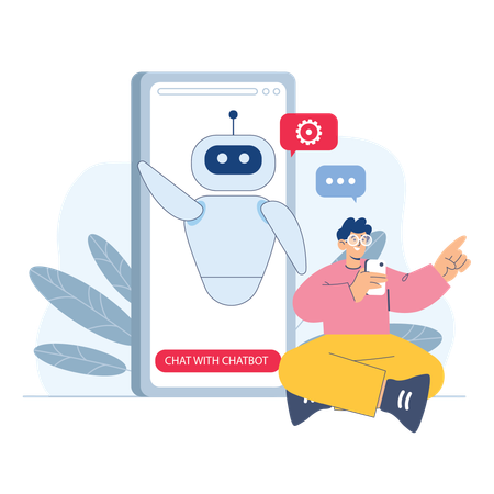 Homem conversa com chatbot  Ilustração