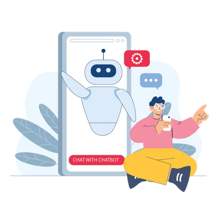 Homem conversa com chatbot  Ilustração