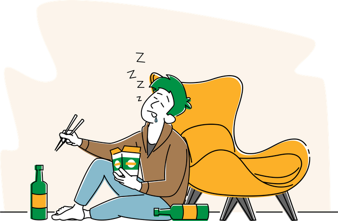 Homem bêbado com caixa wok na mão, dormindo no chão com garrafas de álcool  Ilustração