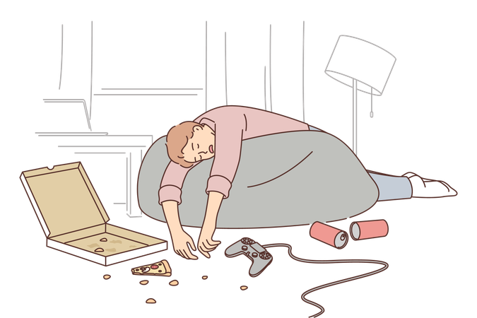 Homem bêbado dorme em apartamento sujo perto de joystick com pizza e latas de cerveja espalhadas  Ilustração