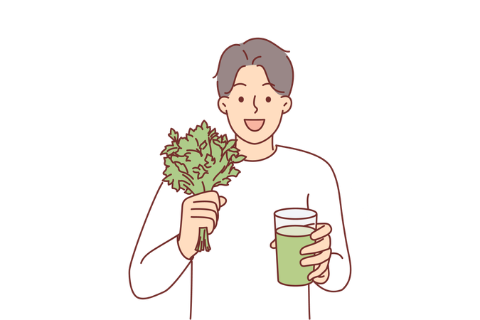 Homem bebe smoothie de aipo seguindo dieta saudável  Ilustração