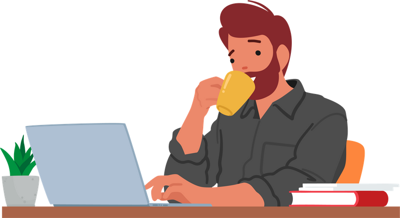 Homem tomando café e sentado no laptop  Ilustração