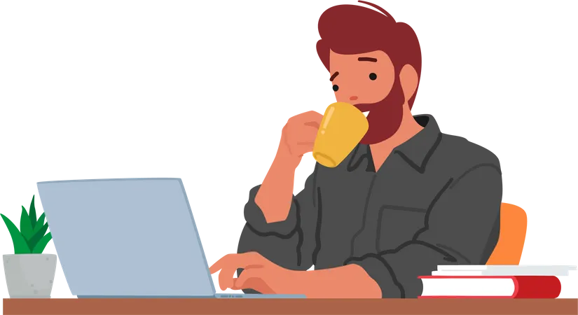 Homem tomando café e sentado no laptop  Ilustração