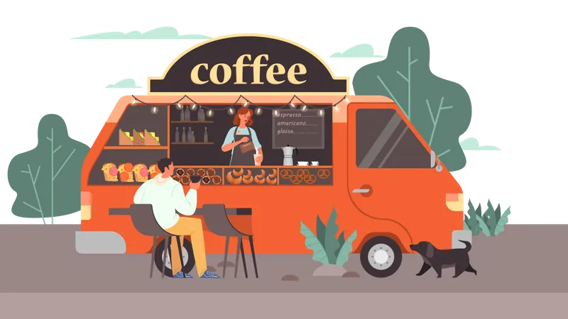 Homem tomando café na cafeteria móvel  Ilustração