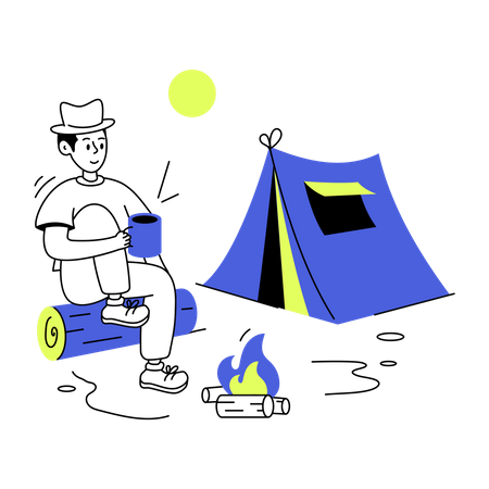 Homem tomando café no camping  Ilustração