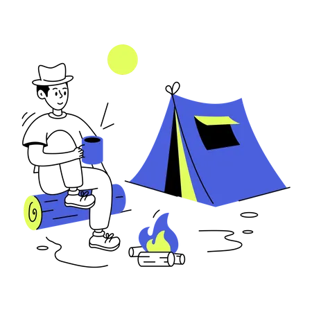 Homem tomando café no camping  Ilustração