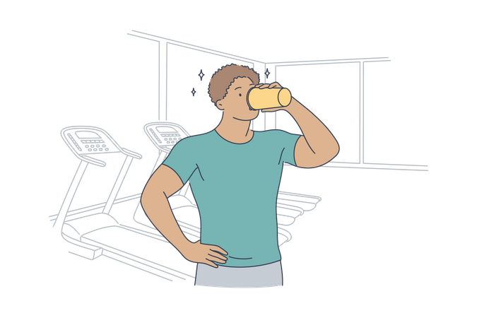 Homem bebendo shake de proteína na academia  Ilustração