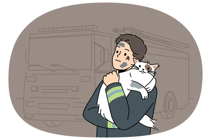 Homem bombeiro com gato resgatado heroicamente de casa em chamas fica perto de caminhão de bombeiros e abraça animal de estimação  Ilustração