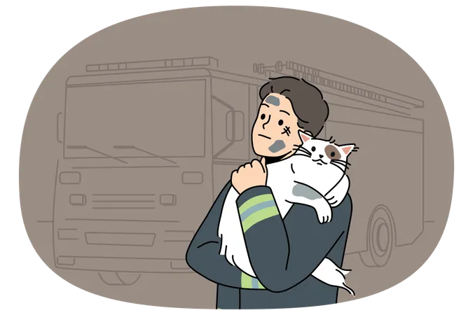 Homem bombeiro com gato resgatado heroicamente de casa em chamas fica perto de caminhão de bombeiros e abraça animal de estimação  Ilustração