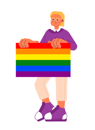 Homem bonito segura bandeira do orgulho arco-íris lgbt  Ilustração