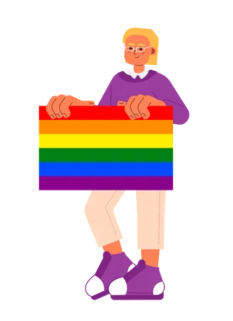 Homem bonito segura bandeira do orgulho arco-íris lgbt  Ilustração