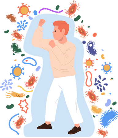 Homem boxeando socos lutando contra vírus infeccioso  Ilustração