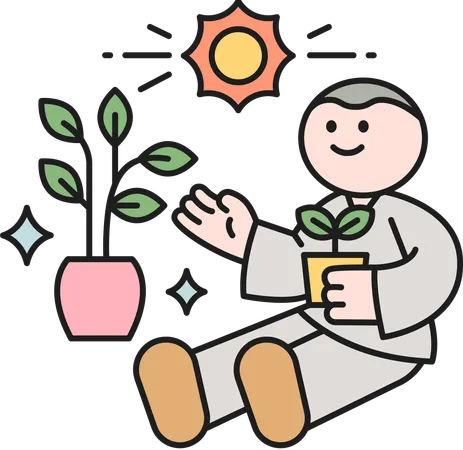 Homem budista com vaso de plantas  Ilustração