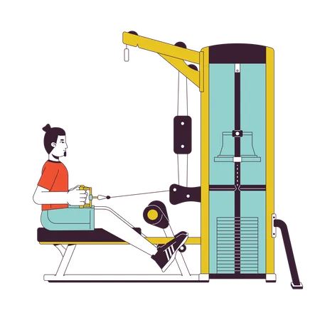 Homem esticando o cabo na máquina de fila sentada  Ilustração
