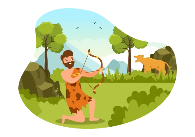 Homem da Idade da Pedra caçando animal  Ilustração