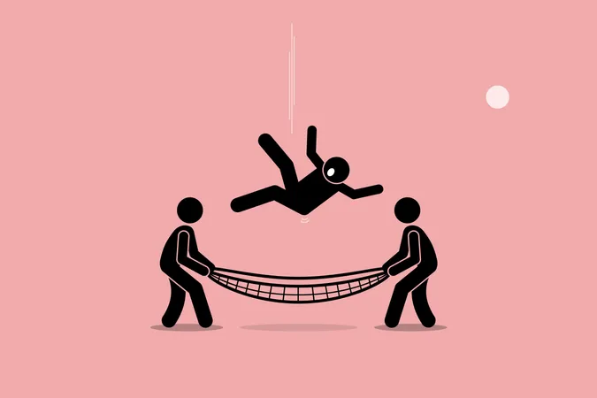 Homem caindo e salvo por pessoas usando rede de segurança no fundo do chão  Ilustração
