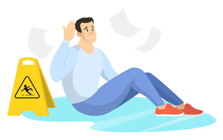 Homem caindo no chão molhado  Ilustração