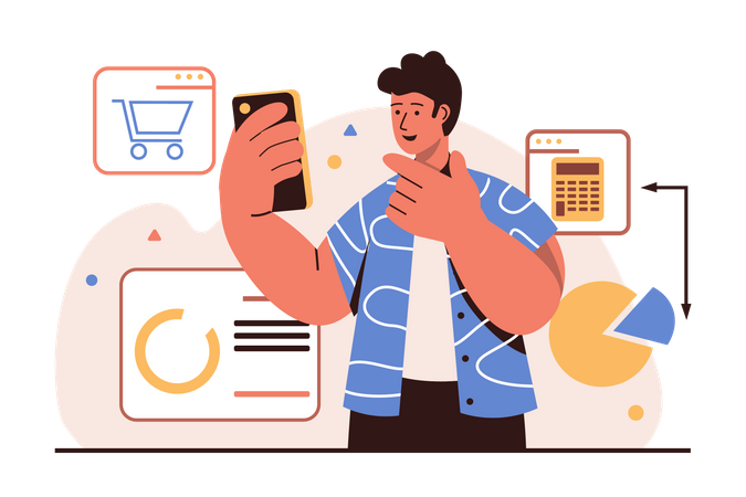 Homem calculando preços de produtos on-line  Ilustração