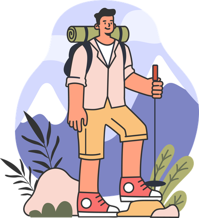 Homem fazendo caminhada na montanha  Ilustração