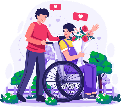 Homem andando com sua namorada que carrega flores, sentado em cadeira de rodas para passear no parque  Ilustração