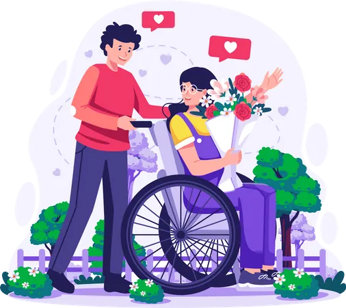 Homem andando com sua namorada que carrega flores, sentado em cadeira de rodas para passear no parque  Ilustração