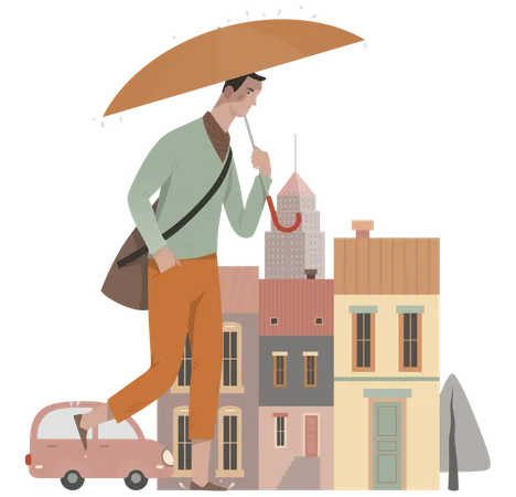 Homem andando em dia chuvoso  Ilustração