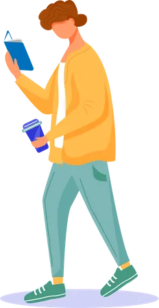 Homem andando com livro e copo de café  Ilustração