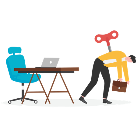 Homem cansado com chave de corda ficou sem energia  Ilustração