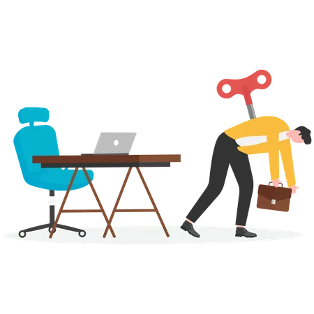 Homem cansado com chave de corda ficou sem energia  Ilustração