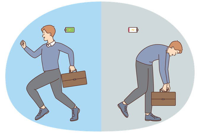 Homem cansado e enérgico  Ilustração