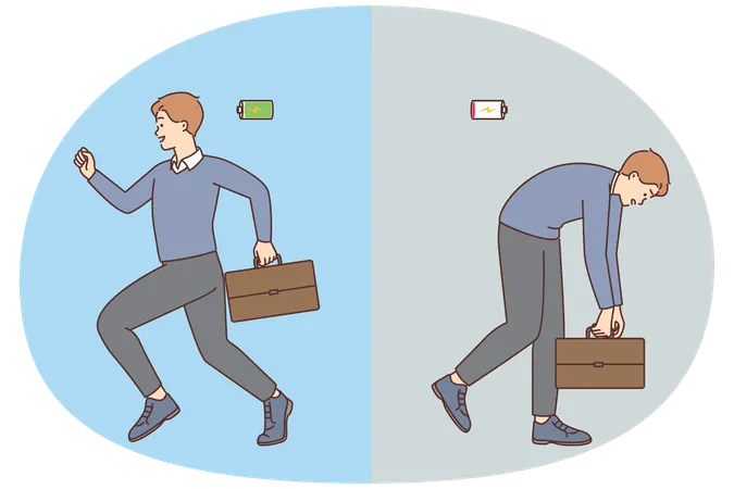 Homem cansado e enérgico  Ilustração