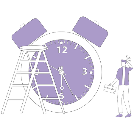 Homem cansado parado perto do despertador  Ilustração