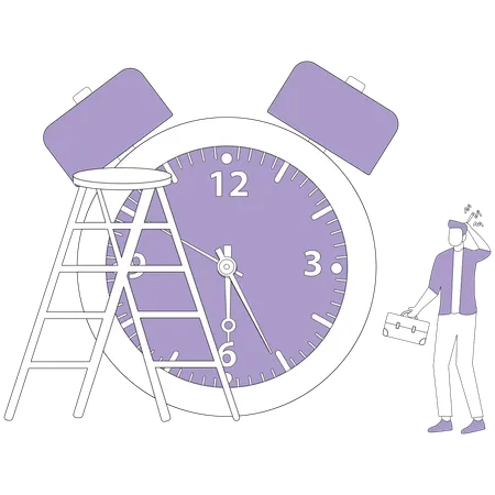 Homem cansado parado perto do despertador  Ilustração