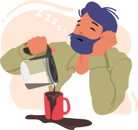 Homem cansado e sonolento derramando café na xícara  Ilustração