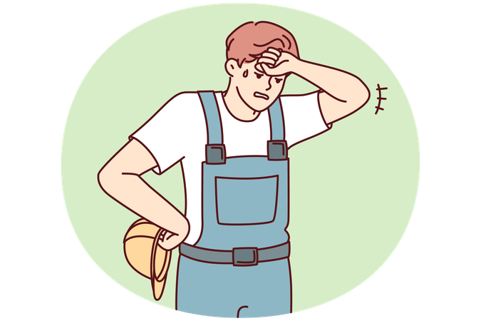 Homem cansado e suado em uniforme de construção e capacete de segurança limpando a testa  Ilustração