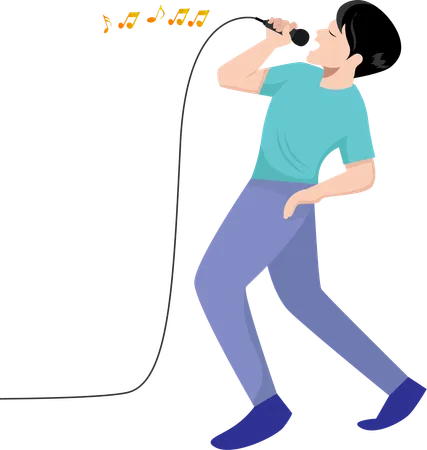 Homem cantando usando um microfone Ele parece feliz. Ilustração vetorial  Ilustração