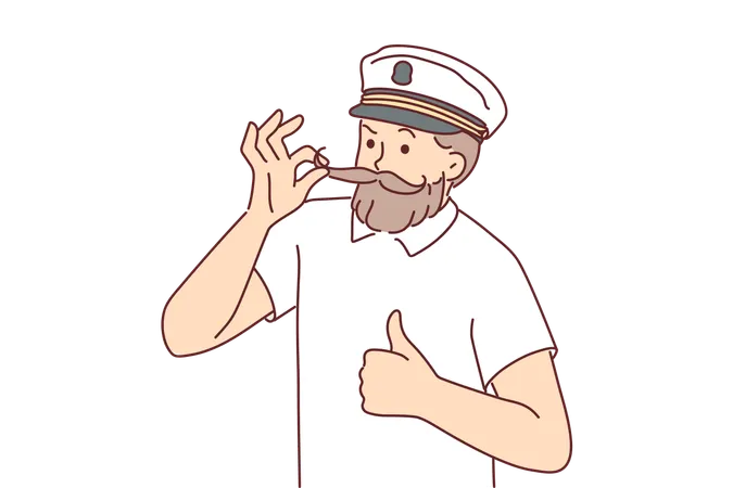 Capitão de navio de cruzeiro arruma bigode e faz sinal de positivo  Ilustração
