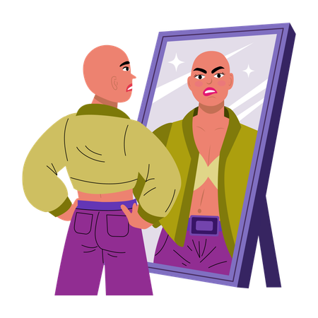 Homem careca se vê no espelho  Ilustração