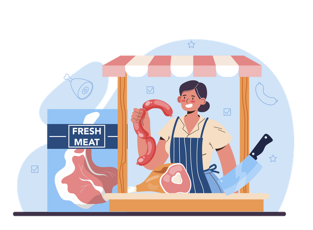 Homem de carne vendendo carne fresca  Ilustração