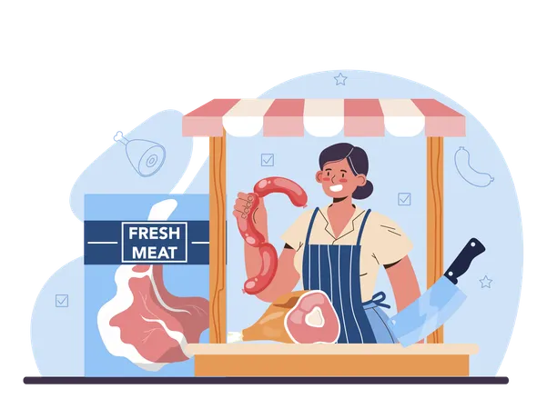 Homem de carne vendendo carne fresca  Ilustração