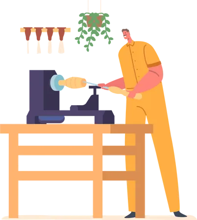 Carpinteiro masculino trabalhando em oficina de carpintaria  Ilustração