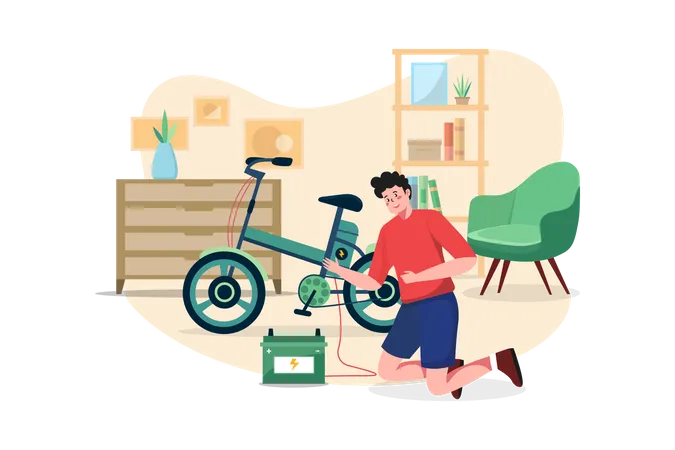 Homem carrega a bicicleta elétrica em casa  Ilustração