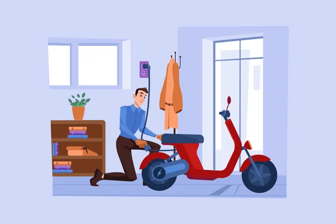 Homem Carrega A Bicicleta Eletrica Em Casa Ilustração