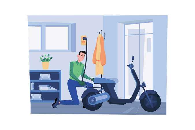 Homem carrega a bicicleta elétrica em casa  Ilustração