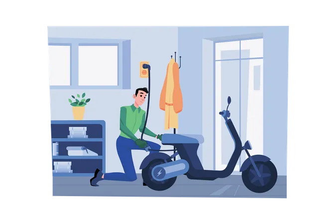 Homem Carrega A Bicicleta Eletrica Em Casa Ilustração